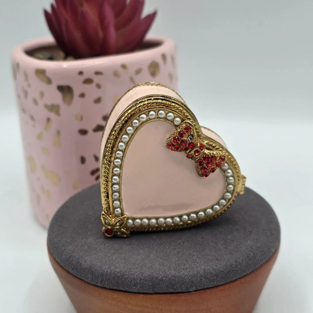 Artform Heart Shaped Trinket Box‎ Hinged Jewelry Storage Red Crystal Bow Pink
